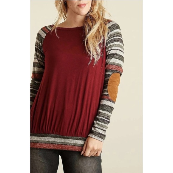 Burgundy Elbow Patch Long Sleeve Top - Picture 2 of 5